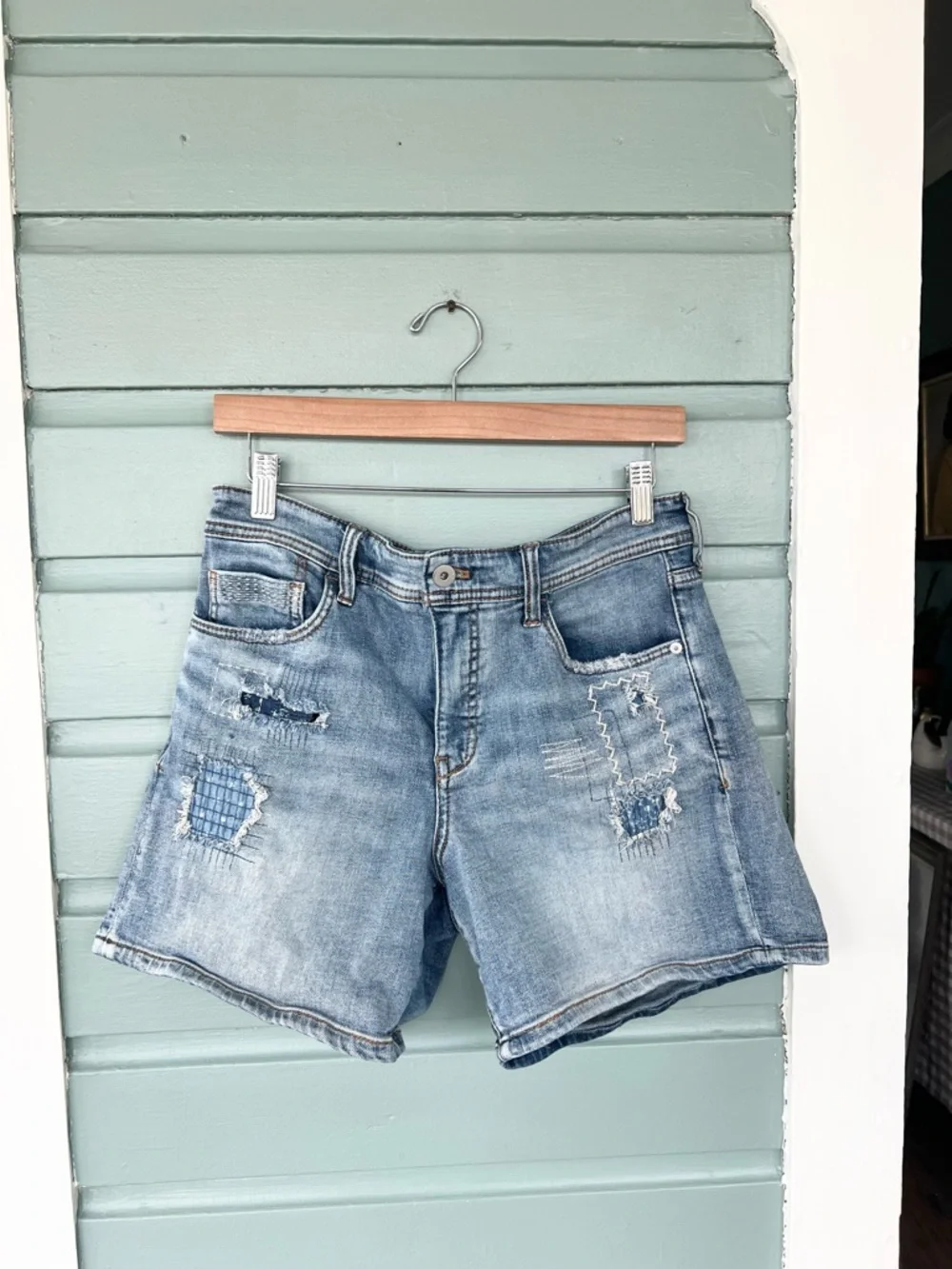 Anthropologie Light Blue Distressed Denim Shorts - Picture 2 of 11